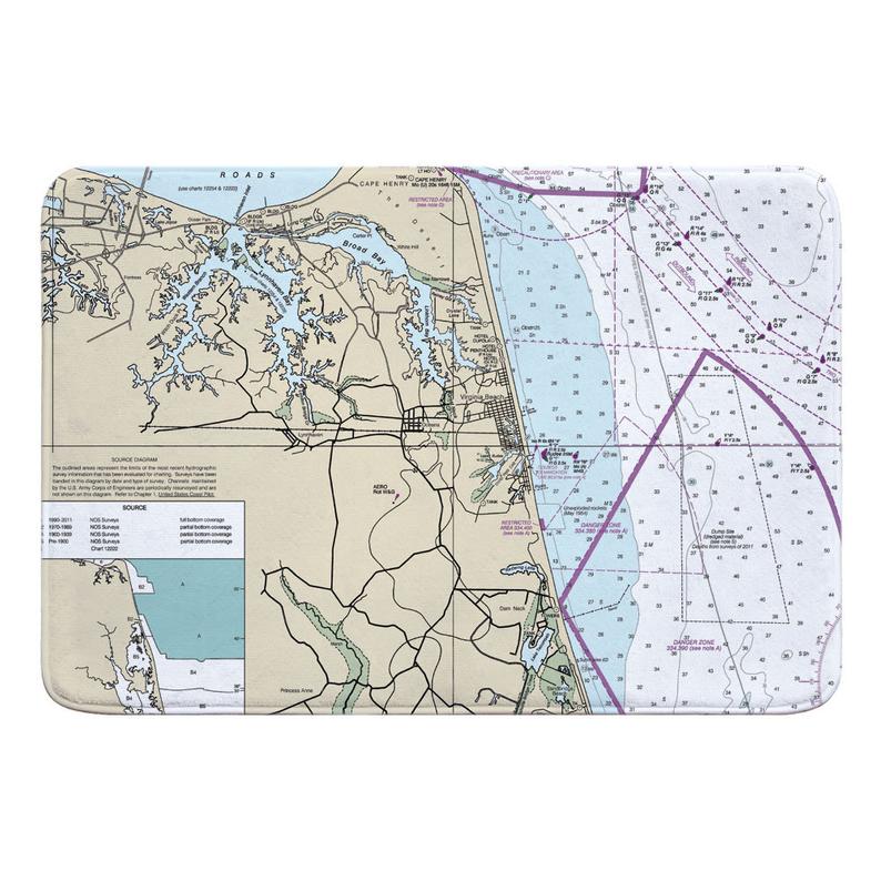 VA Virginia Beach, VA Nautical Chart Memory Foam Bath Mat, Map Floor