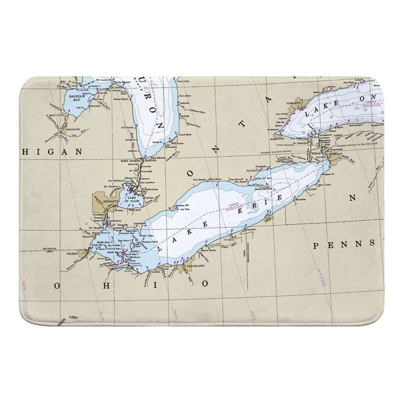 Lake Erie Nautical Chart Memory Foam Bath Mat, Map Floor Mat, Map Bath