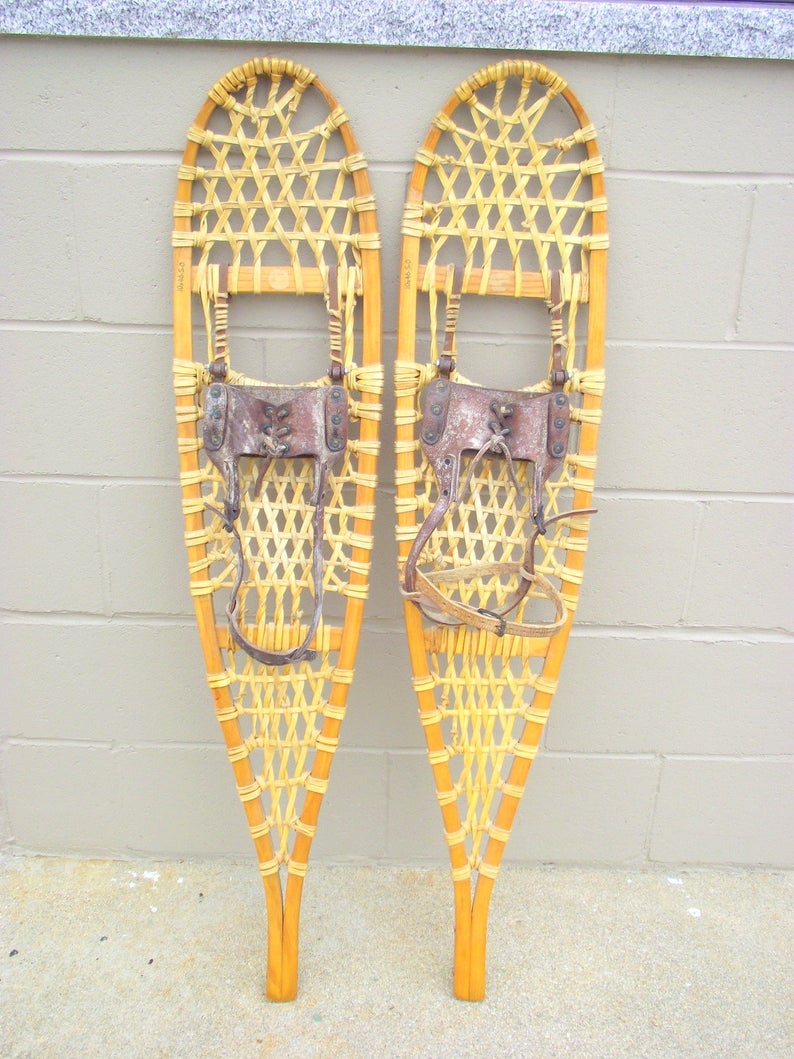 Antique Wood Snowshoes Rustic Lodge Decor Lund 46" x 10" SO Leather
