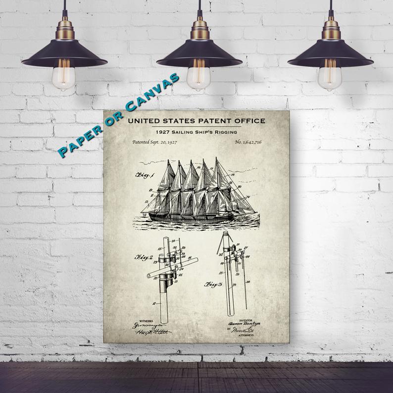 1927 Sailing Ship's Rigging Patent Print Vintage Schooner Blueprint