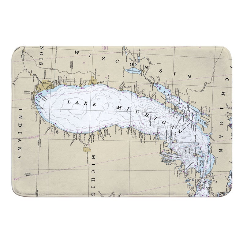 Lake Michigan Nautical Chart Memory Foam Bath Mat, Map Floor Mat, Map