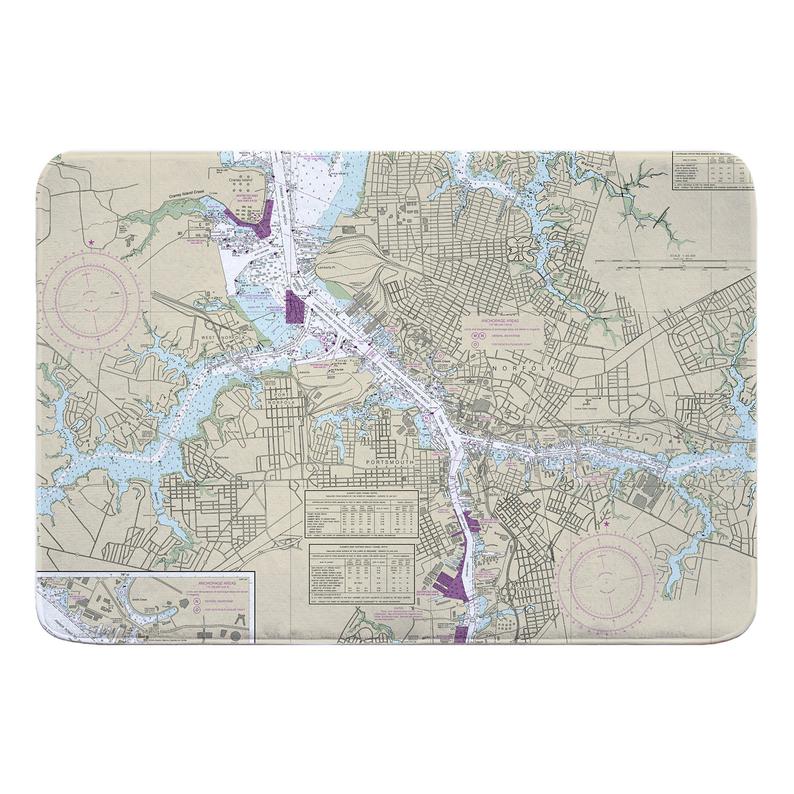 VA Norfolk, Portsmouth, VA Nautical Chart Memory Foam Bath Mat