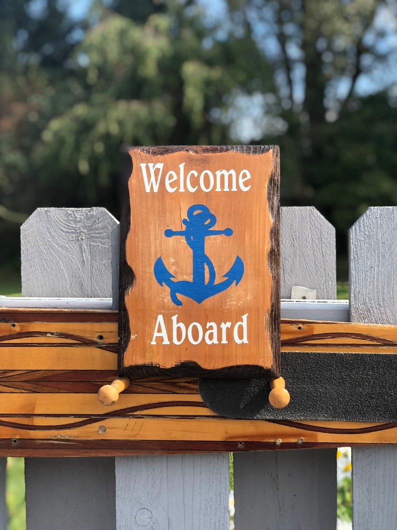 Welcome Aboard Hand Painted Anchor Carved Sign | Schooner Chandlery