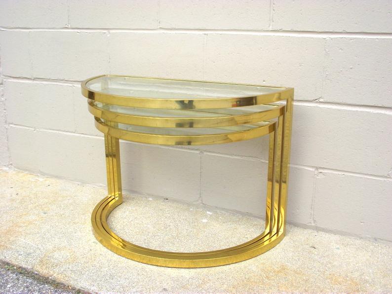 Vintage Milo Baughman Nesting Tables Solid Brass Glass Tops Mid