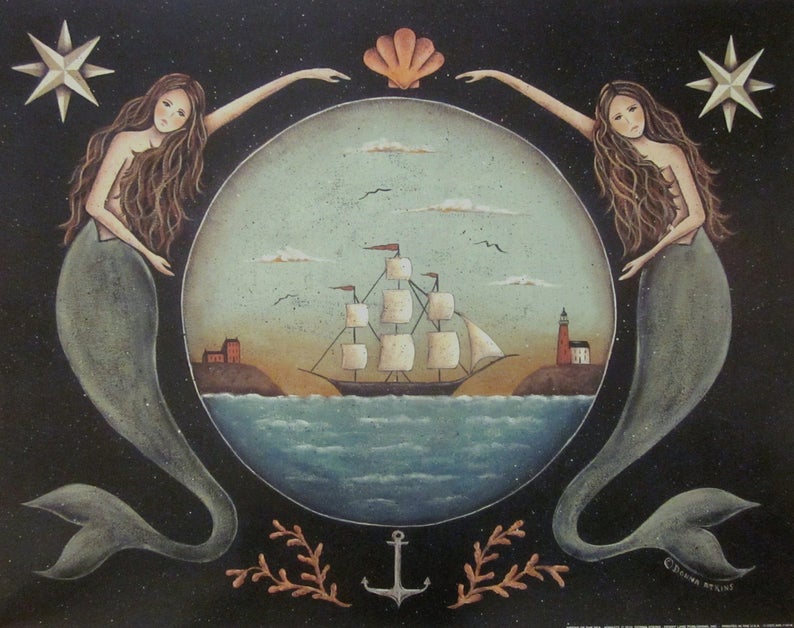 Sirens of the Sea. Mermaid Folk Art Print. Nautical Stars Ocean Clipper ...