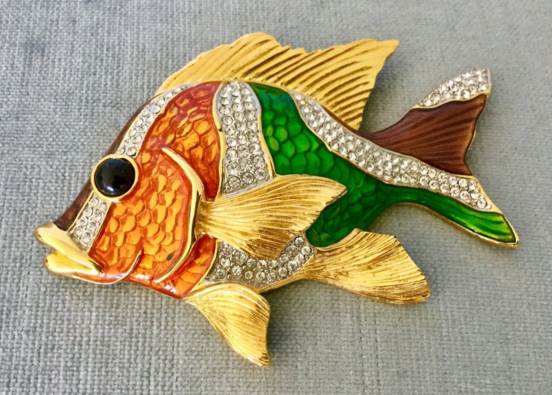 Koi Fish Enamel Brooch – Gold Tone Rhinestone Animal Pin For Lapel, Shawl, Dress