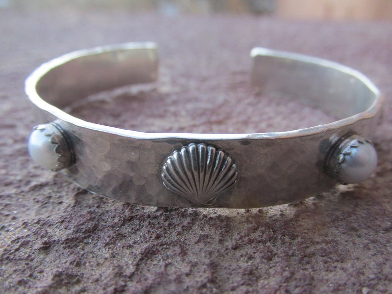 Sterling Silver Artisan Seashell Cuff Bracelet with White Pearl Preppy Palm Beach Ocean Nautical