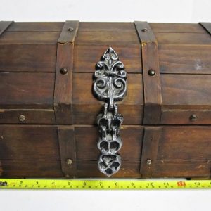 Wooden leather wrapped keep sake box or jewelry box with brass hing treasure chest.