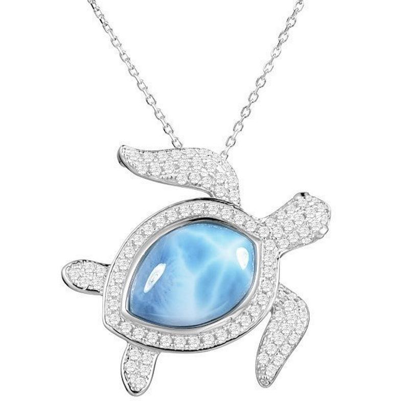 Swimming Turtle Larimar Pendant Sterling Silver w/ Cubic Zirconia