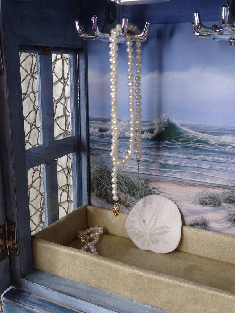 Nautical Jewelry Box Piece Set, Hand Painted Ocean Blues, One of