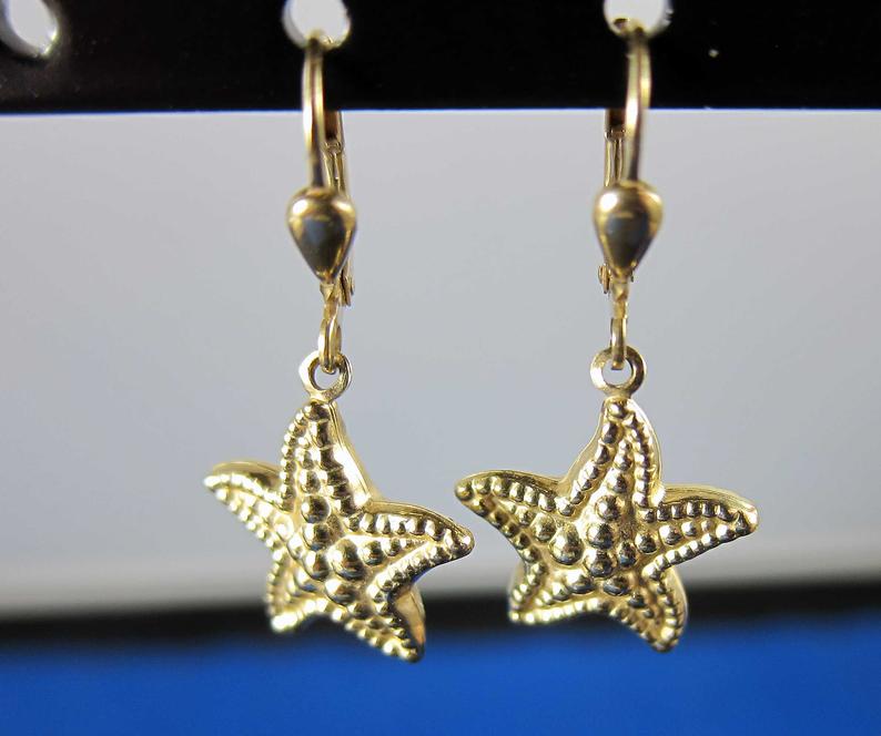Vintage 14k Starfish Milor Italy Dangle Drop Earrings Schooner Chandlery