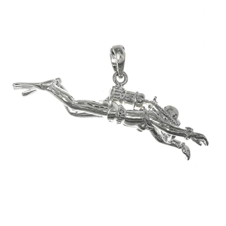 Sterling Silver Three Dimensional Scuba Diver Necklace Sterling Silver Three Dimensional Scuba Diver Necklace