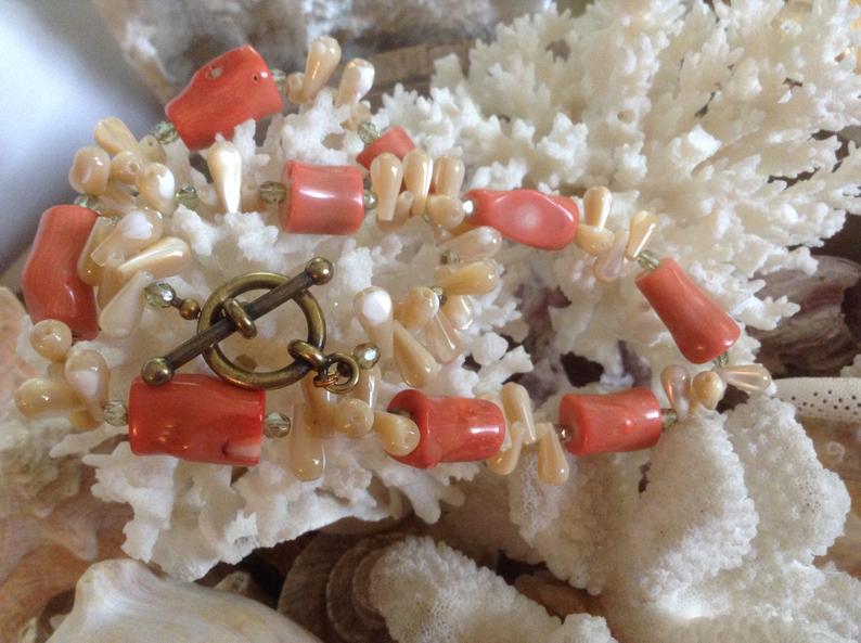 Natural Coral Nuggets, Beige Mother of Pearl and Green Crystals