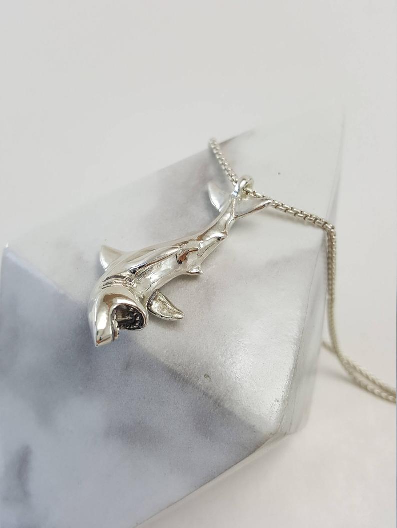 Shark Necklace in Sterling Silver, Silver Shark Pendant, Jaws Necklace