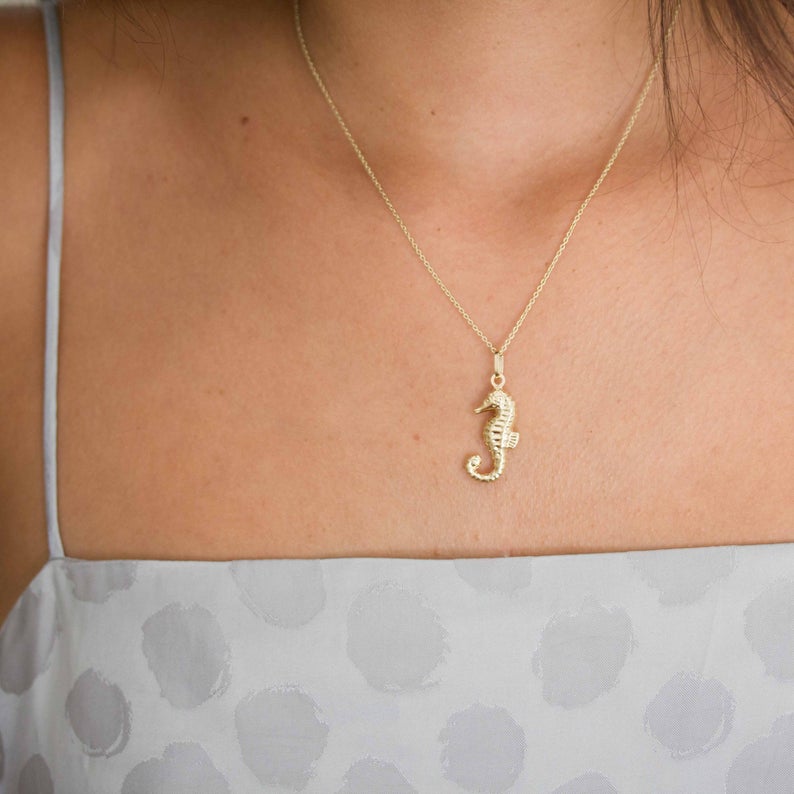 14K Gold Seahorse Necklace, Nautical Ocean Jewelry Schooner Chandlery