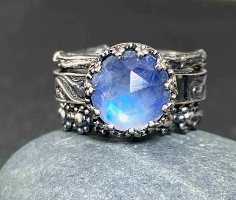 Blue Moonstone Stacking Set Sterling Silver Wedding Ring Bohemian