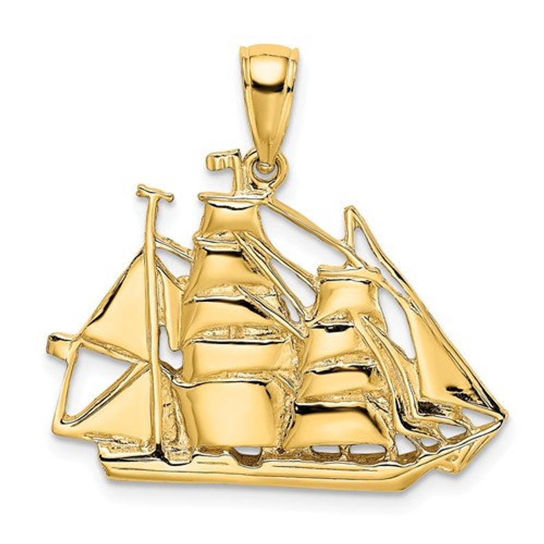 14K Yellow Gold Sailing Ship Nautical Pendant Charm Schooner Chandlery