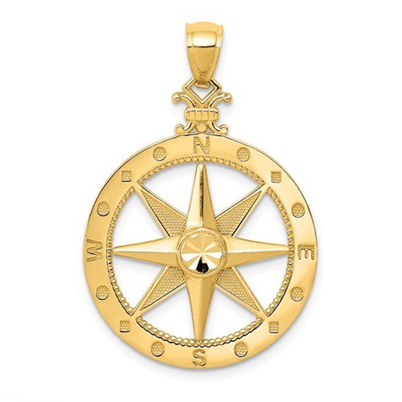 14K Yellow Gold Diamond Cut Nautical Compass Pendant Charm Schooner